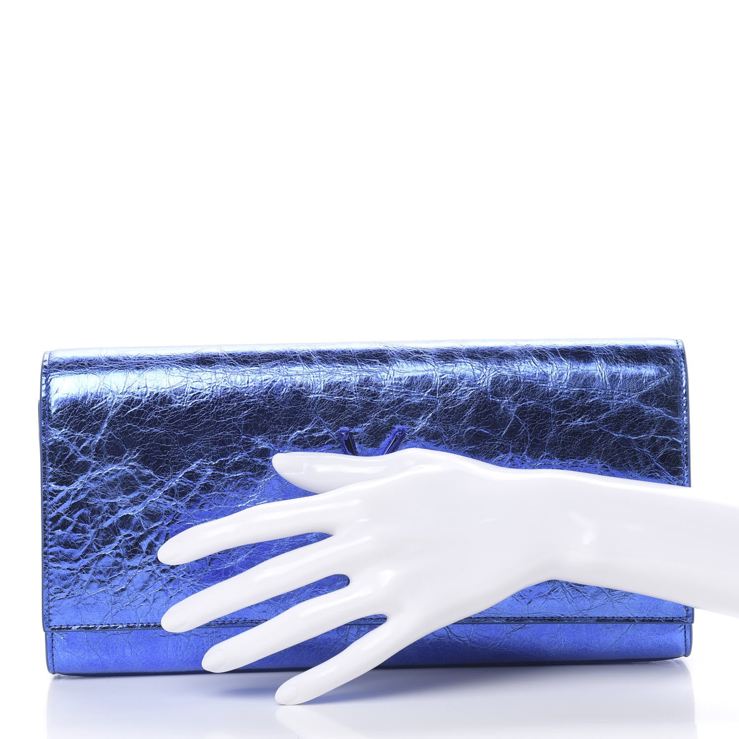 Saint Laurent Metallic Crinkled Calfskin Classic Monogram Cassandre Clutch Blue 2 of 9