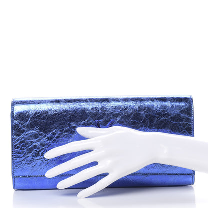 Saint Laurent Metallic Crinkled Calfskin Classic Monogram Cassandre Clutch Blue 2 of 9