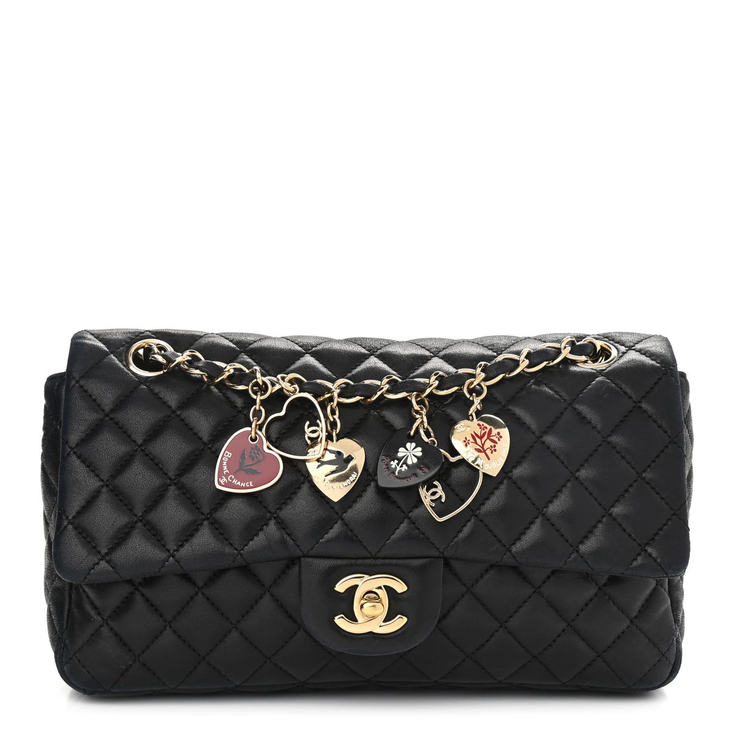 Lambskin Quilted Valentine Charms Medium Single Flap Black