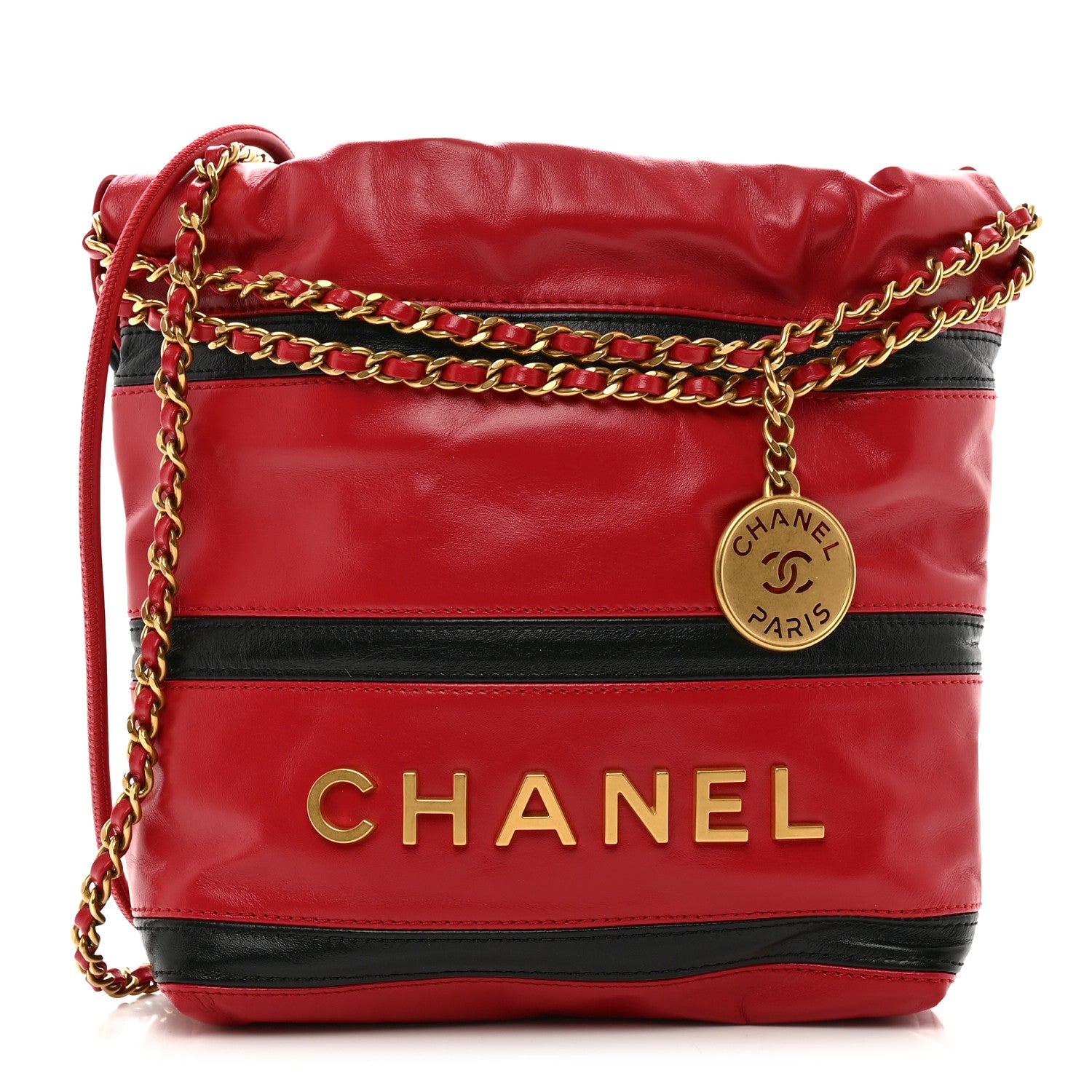 Chanel Shiny Calfskin Striped Mini Chanel 22 Red Black 1 of 10