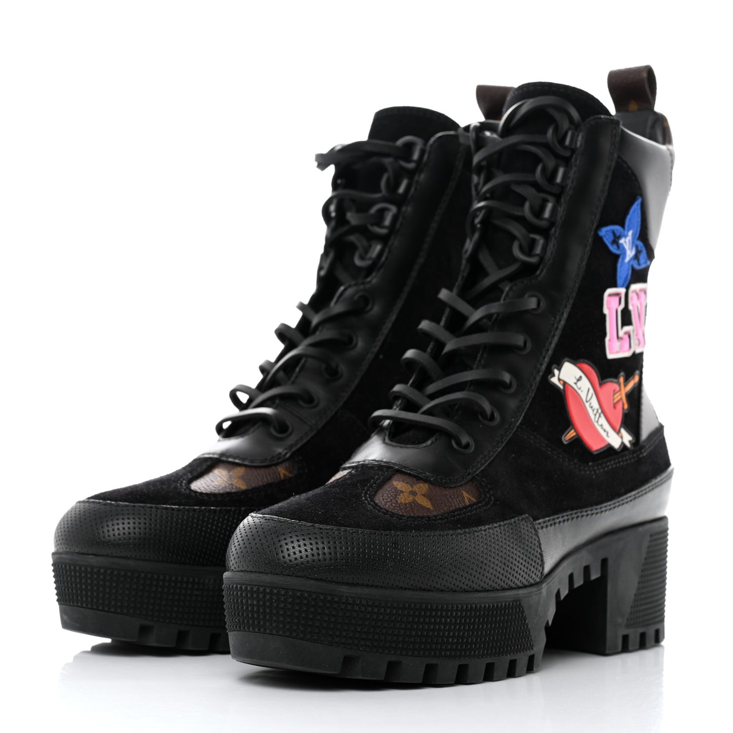 Suede Calfskin Monogram LV Black Heart Laureate Platform Desert Boots 38 Black