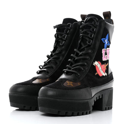 Louis Vuitton Suede Calfskin Monogram LV Black Heart Laureate Platform Desert Boots 38 Black 3 of 8