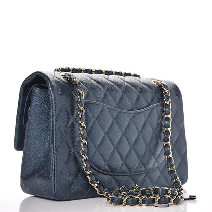 Chanel Metallic Caviar Quilted Medium Double Flap Dark Blue 4 of 8