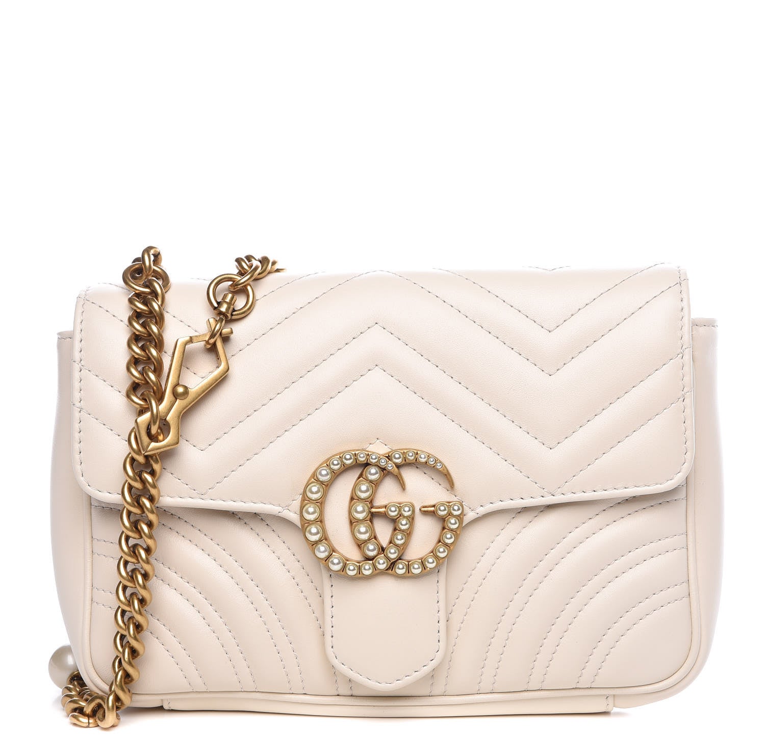 Gucci Calfskin Matelasse Pearly GG Marmont Chain Belt Bag Mystic White 1 of 11