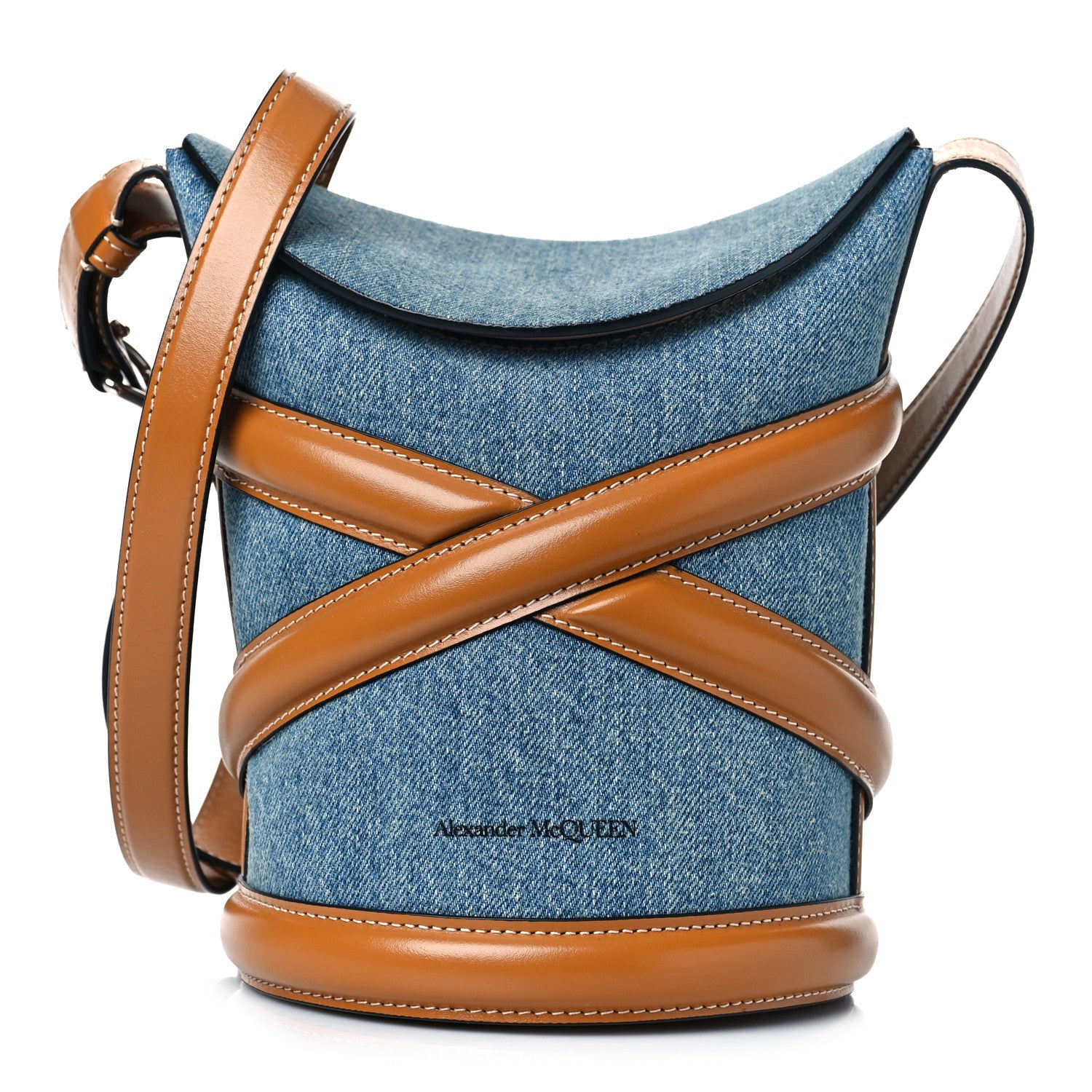 Alexander McQueen Denim The Curve Small Shoulder Bag Light Blue Tan 1 of 10