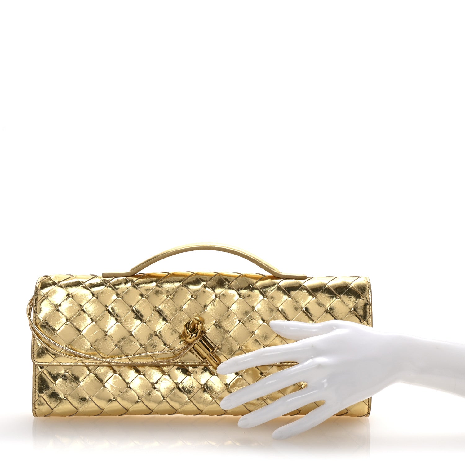 Bottega Veneta Metallic Lambskin Intrecciato Long Andiamo Top Handle Clutch Gold 2 of 6