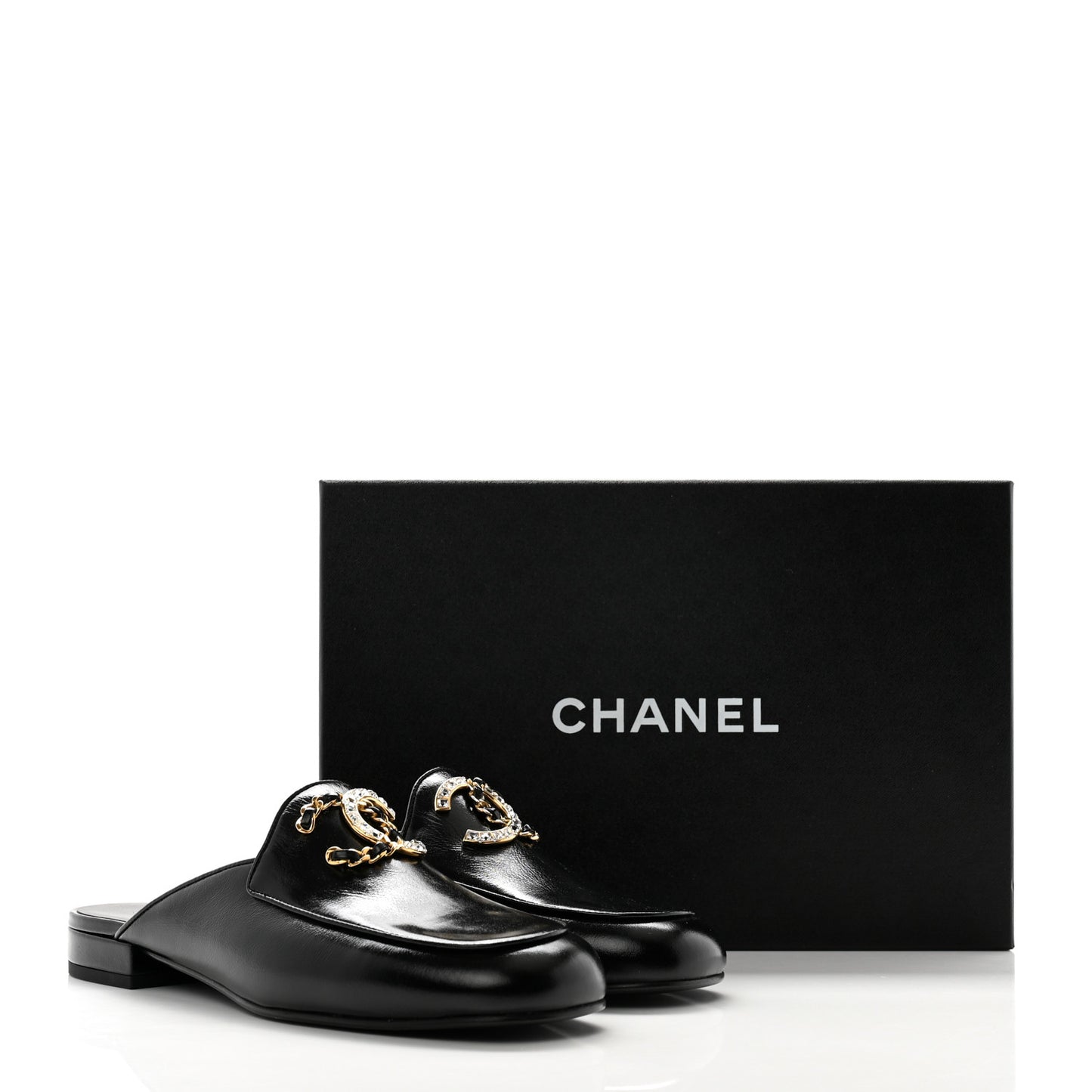 Shiny Calfskin Crystal CC Mules 39.5 Black