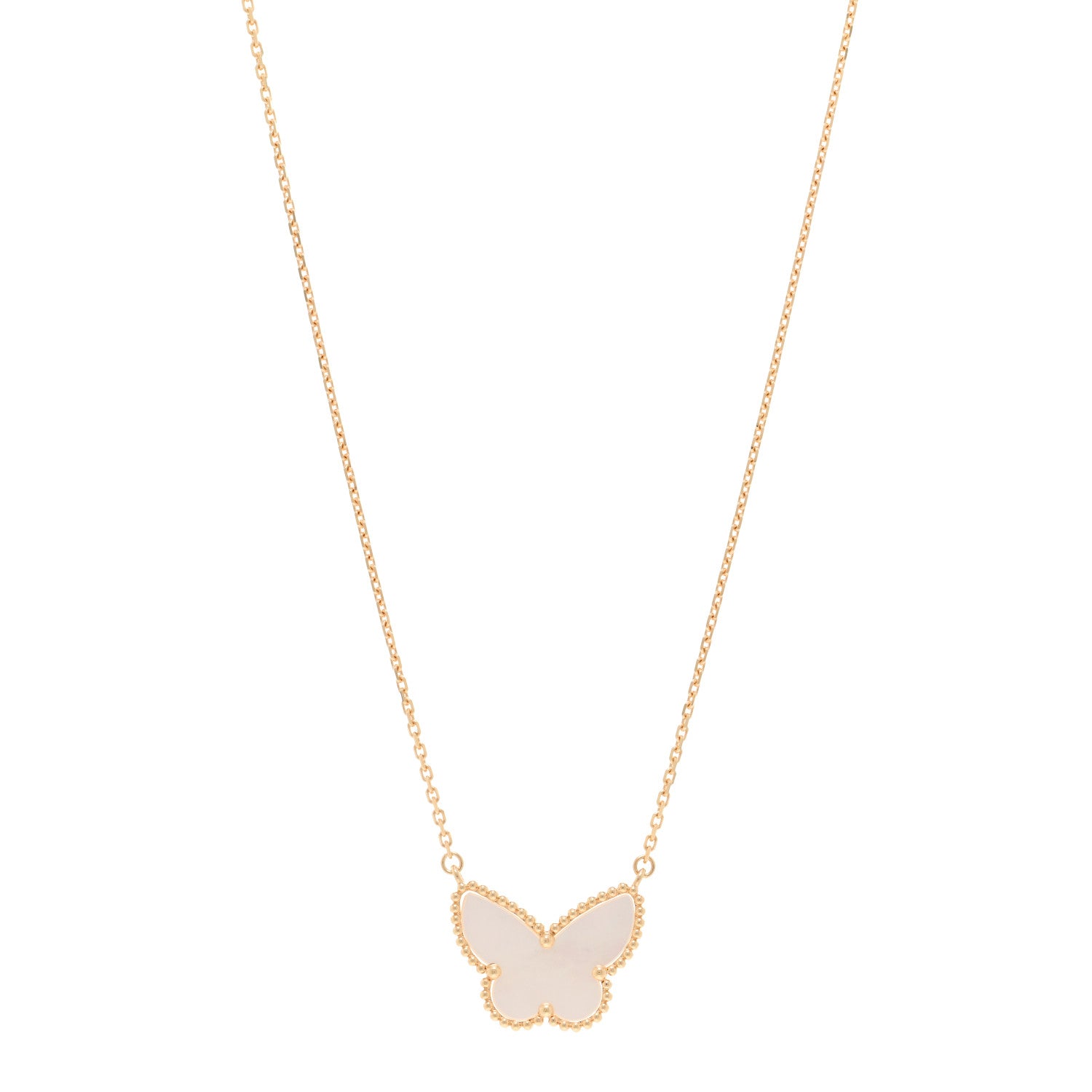 Van Cleef & Arpels 18k Yellow Gold Mother of Pearl Lucky Alhambra Butterfly Pendant Necklace 1 of 6