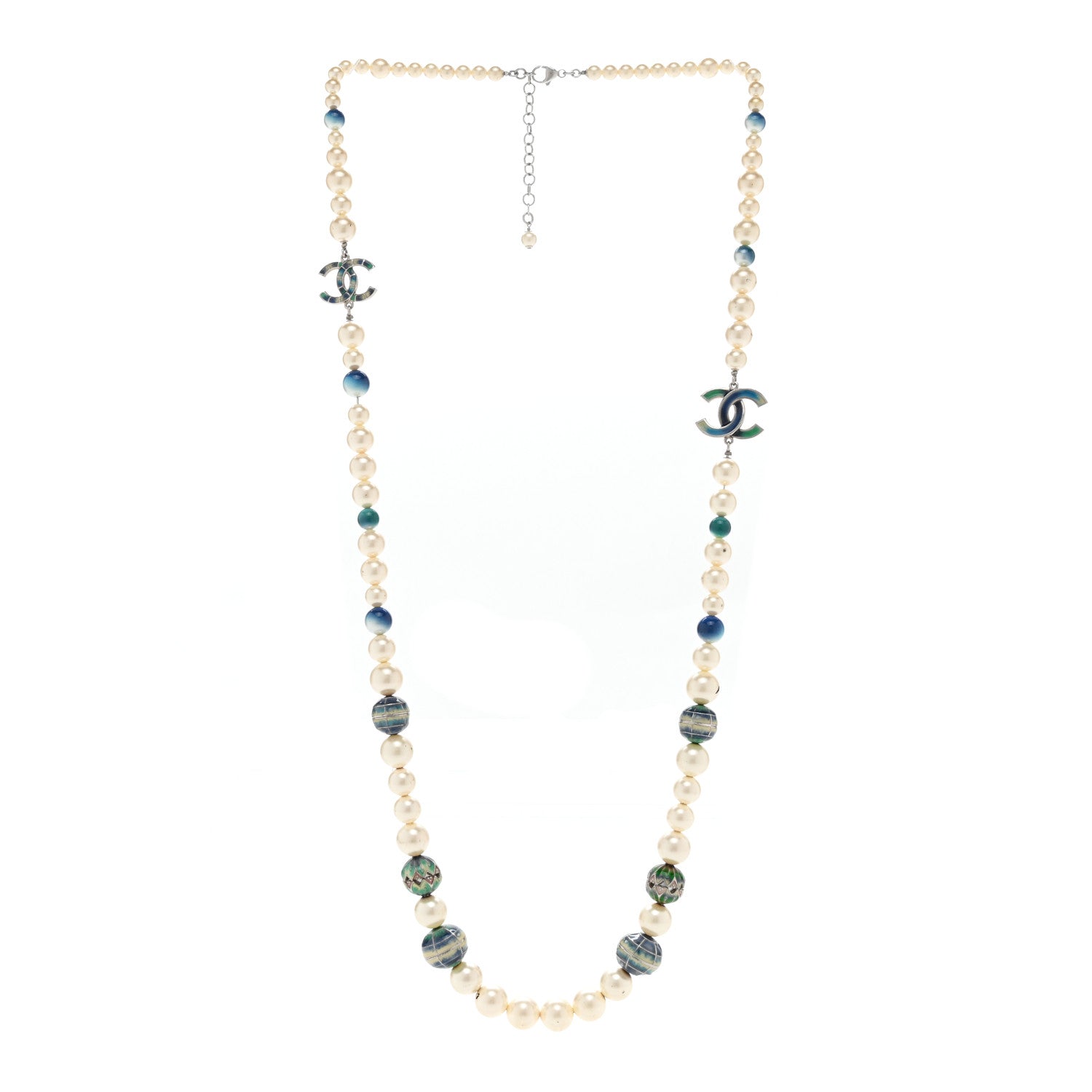 Chanel Graduated Pearl Enamel Bead CC Logo Long Necklace White Blue Multicolor 3 of 7