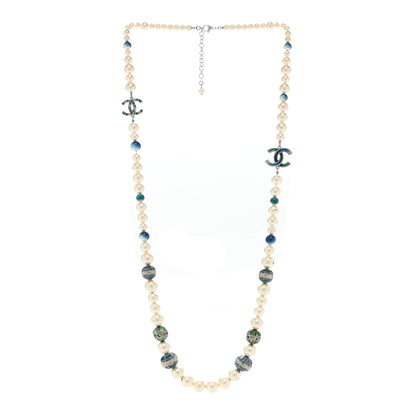 Chanel Graduated Pearl Enamel Bead CC Logo Long Necklace White Blue Multicolor 3 of 7