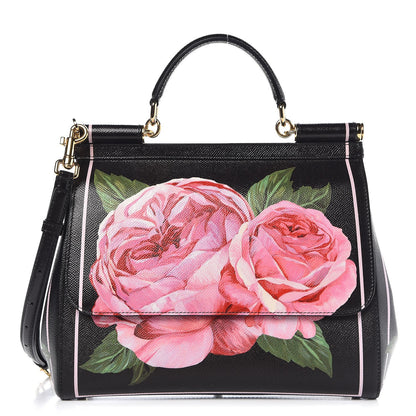 Dolce & Gabbana Dauphine Rose Print Medium Miss Sicily Satchel Black 1 of 10