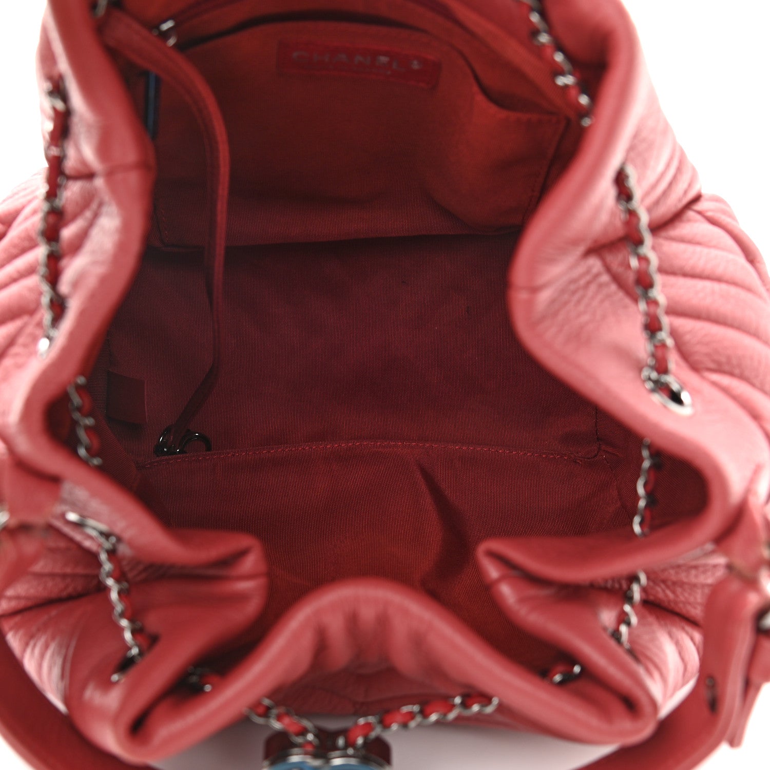 Chanel Deerskin Chevron Quilted Medium CC Chain Bucket Drawstring Bag Red 5 of 12