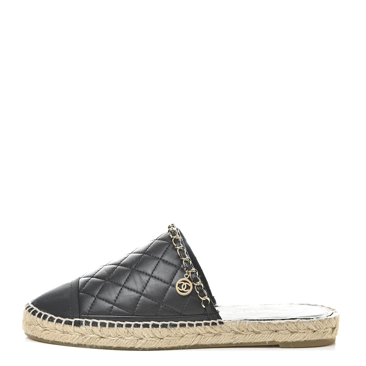 Lambskin Grosgrain Quilted CC Chain Espadrille Mules 40 Black