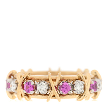Tiffany 18K Yellow Gold Platinum Diamond Pink Sapphire Schlumberger Sixteen Stone Ring 57 8 1 of 4