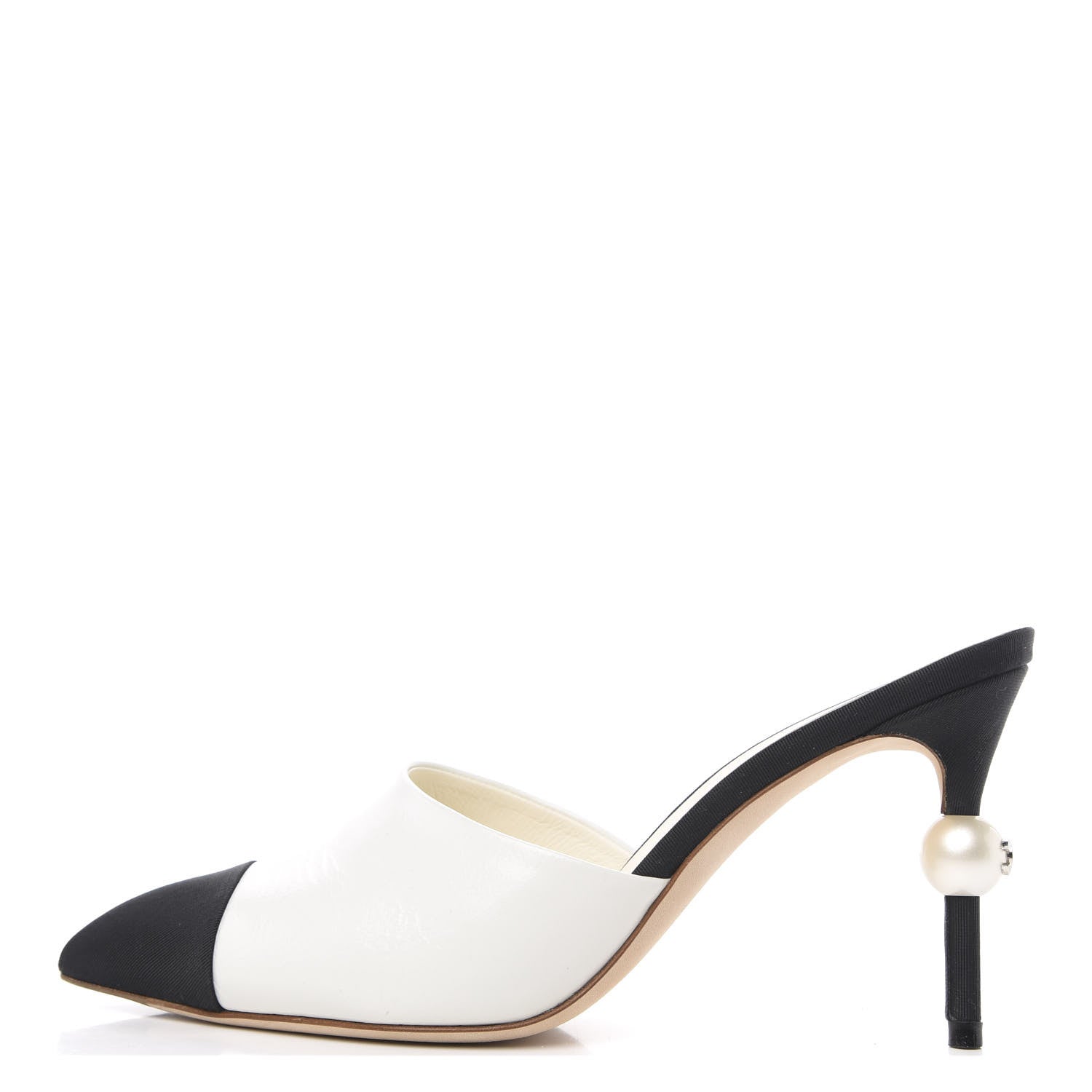 Chanel Goatskin Grosgrain Cap Toe Pearl Mule 36.5 Ecru Black 1 of 10