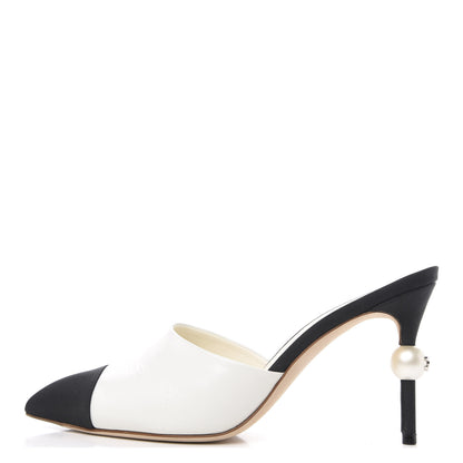 Chanel Goatskin Grosgrain Cap Toe Pearl Mule 36.5 Ecru Black 1 of 10