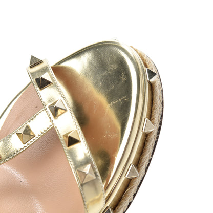 Valentino Garavani Metallic Calfskin Raffia Rockstud T-Strap Slingback Espadrille Wedge Sandals 39 Gold 18 of 21