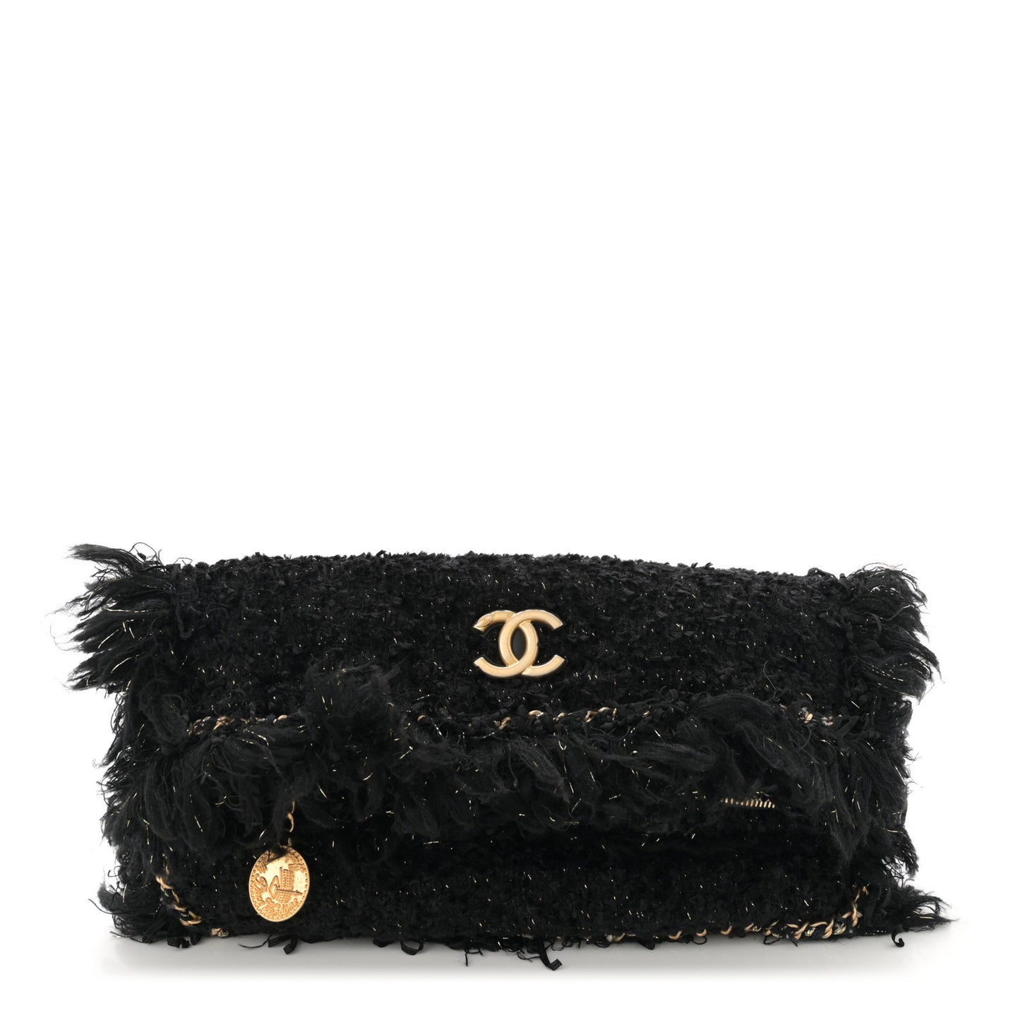 Tweed Fringe Quilted Chain Around Flap Clutch Black Gold