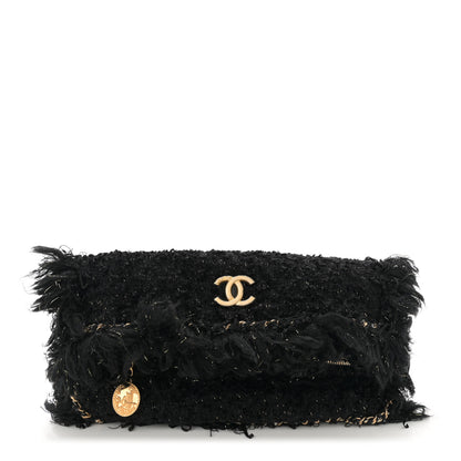 Chanel Tweed Fringe Quilted Chain Around Flap Clutch Black Gold 1 of 10