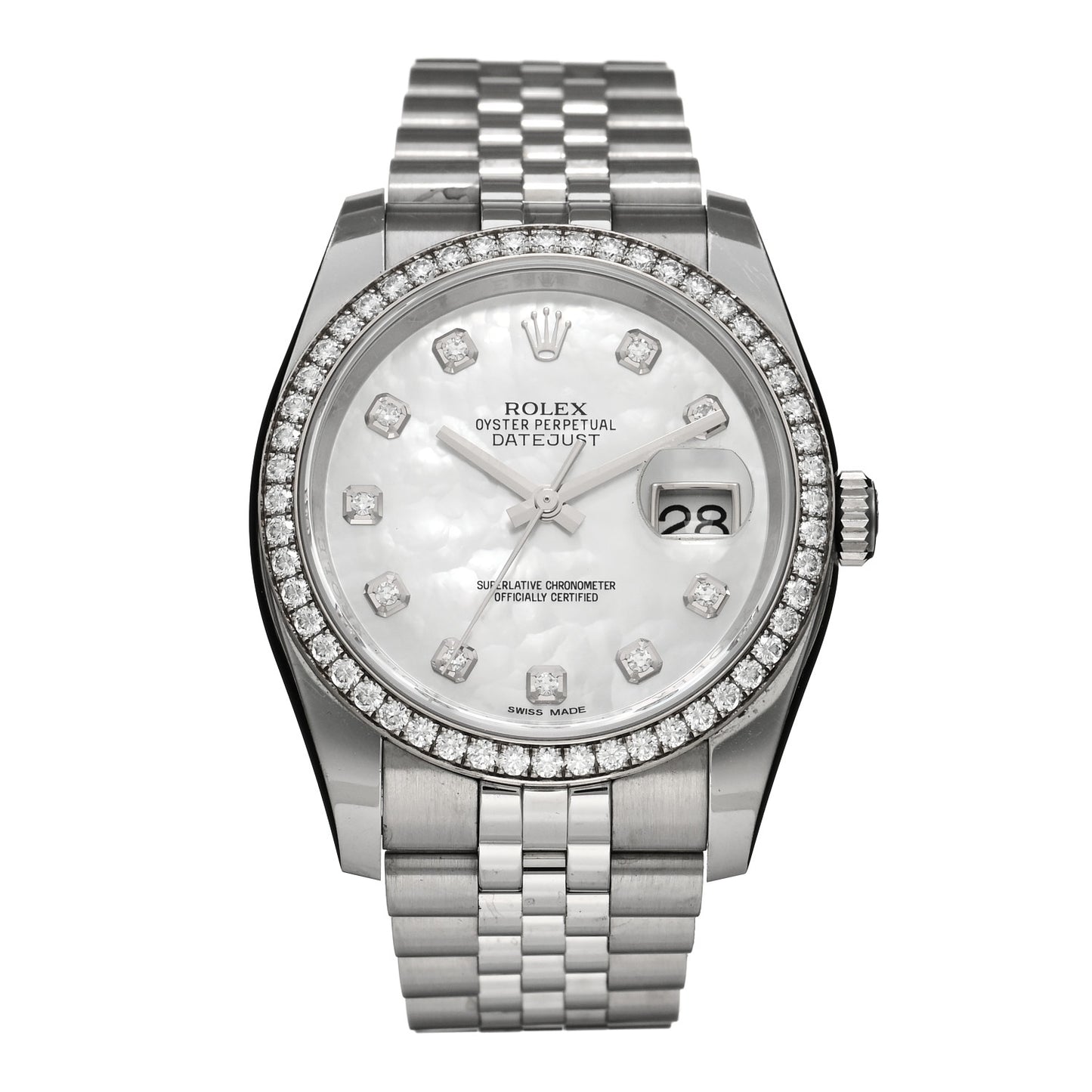 Stainless Steel Diamond Bezel Mother of Pearl 36mm Oyster Perpetual Datejust Watch 116244