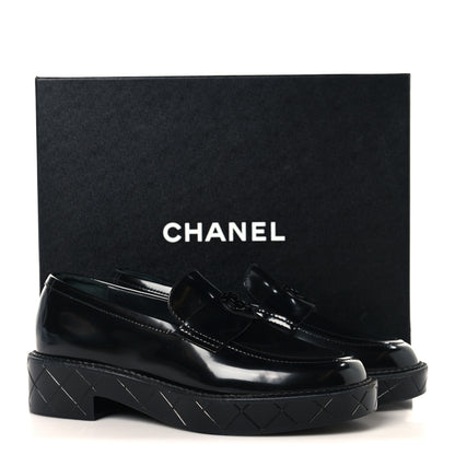 Chanel Shiny Calfskin Quilted CC Mocassin Loafers 37 Black 10 of 10