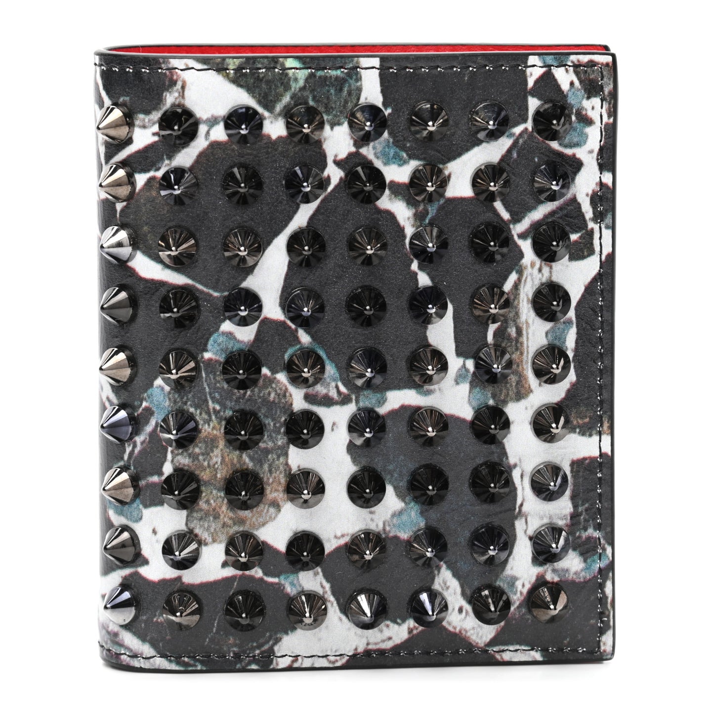 Calfskin Marble Print Spiked Bi-Fold Wallet Black