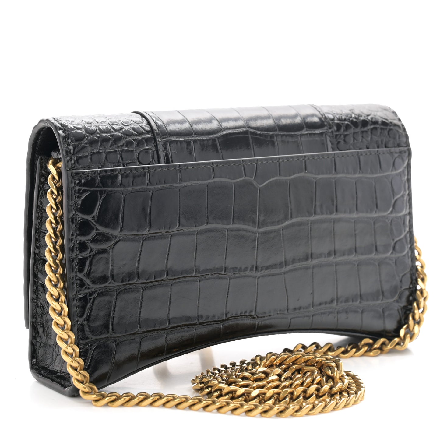 Shiny Calfskin Crocodile Embossed Hourglass Chain Bag Black