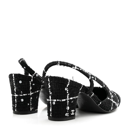 Chanel Tweed Sequins Corduroy Cap Toe CC Slingback Pumps 38 Black White 4 of 14