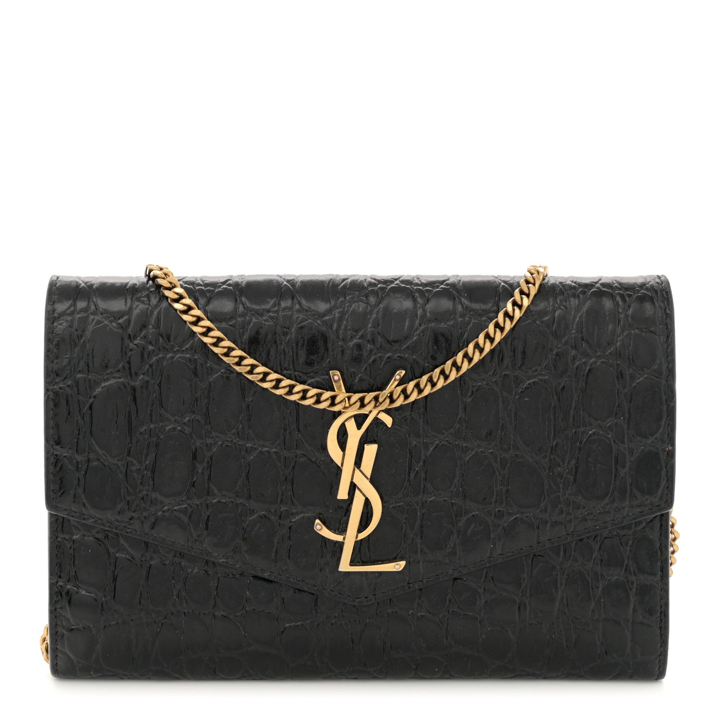 Calfskin Crocodile Embossed Monogram Uptown Chain Wallet Black