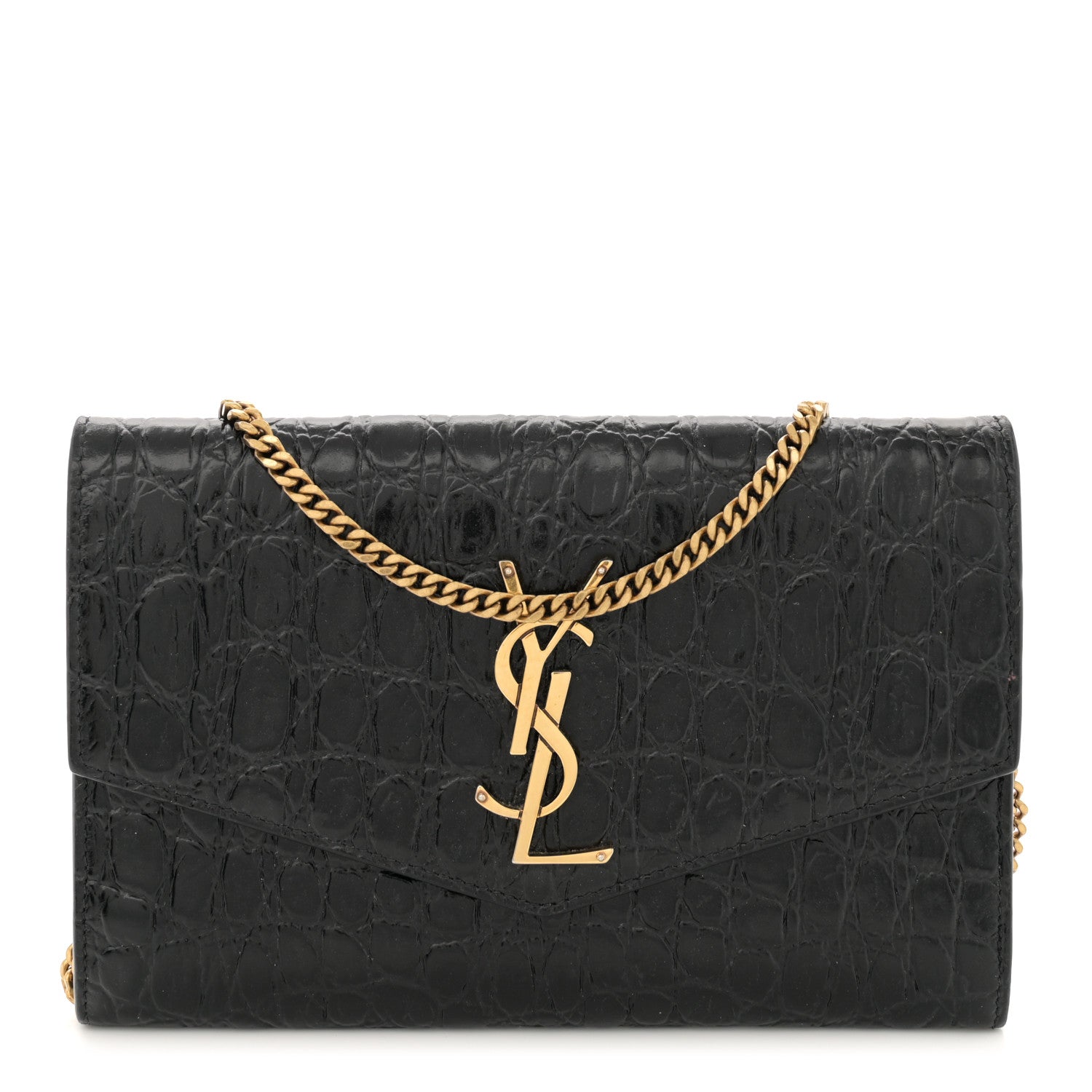 Saint Laurent Calfskin Crocodile Embossed Monogram Uptown Chain Wallet Black 1 of 13