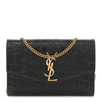 Saint Laurent Calfskin Crocodile Embossed Monogram Uptown Chain Wallet Black 1 of 13