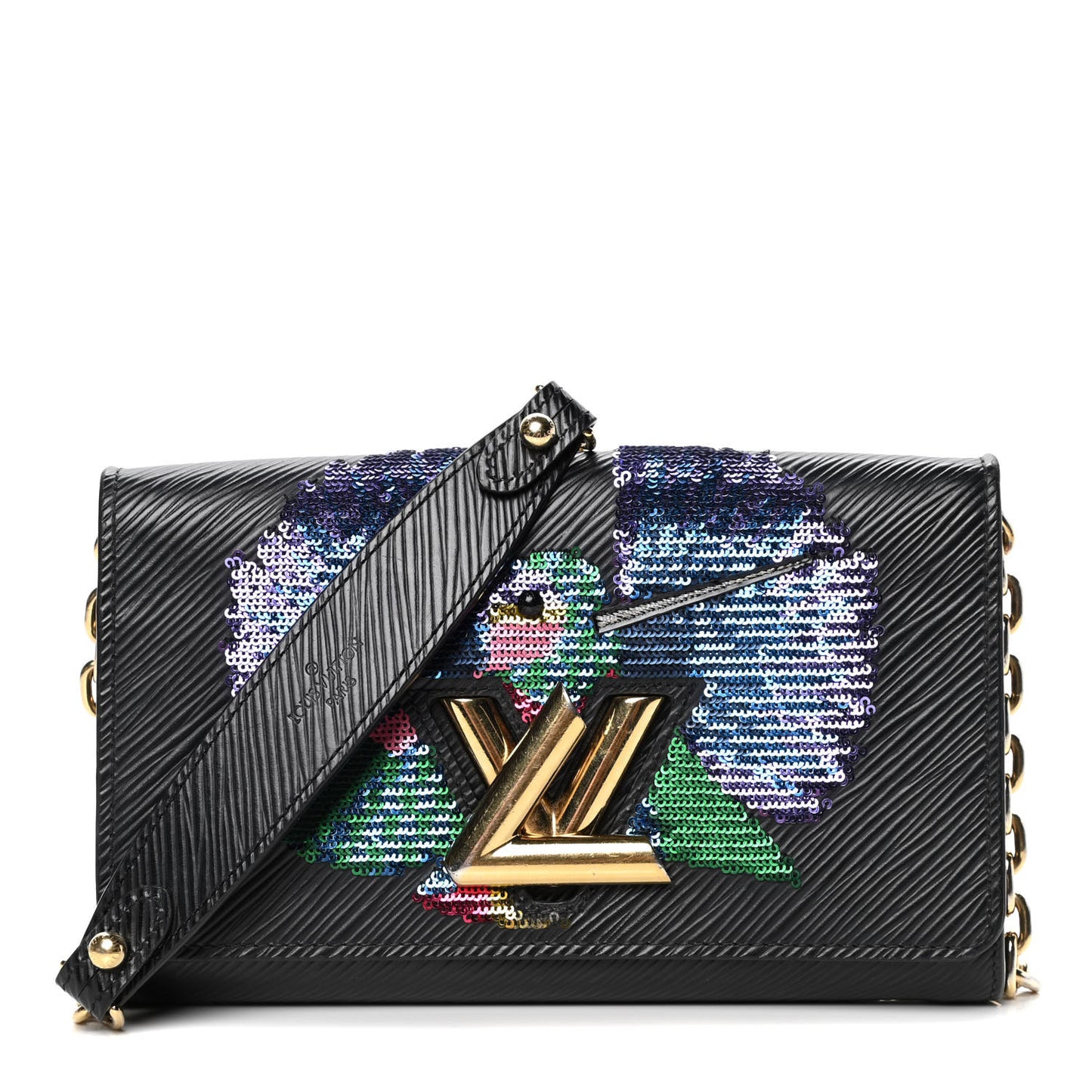 Epi Sequin Bird Twist Chain Wallet PM Black
