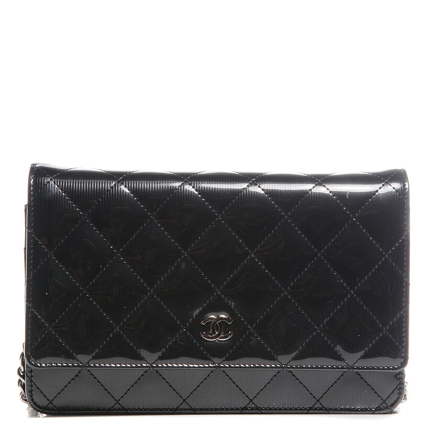 Striated Patent Quilted Wallet on Chain WOC Black