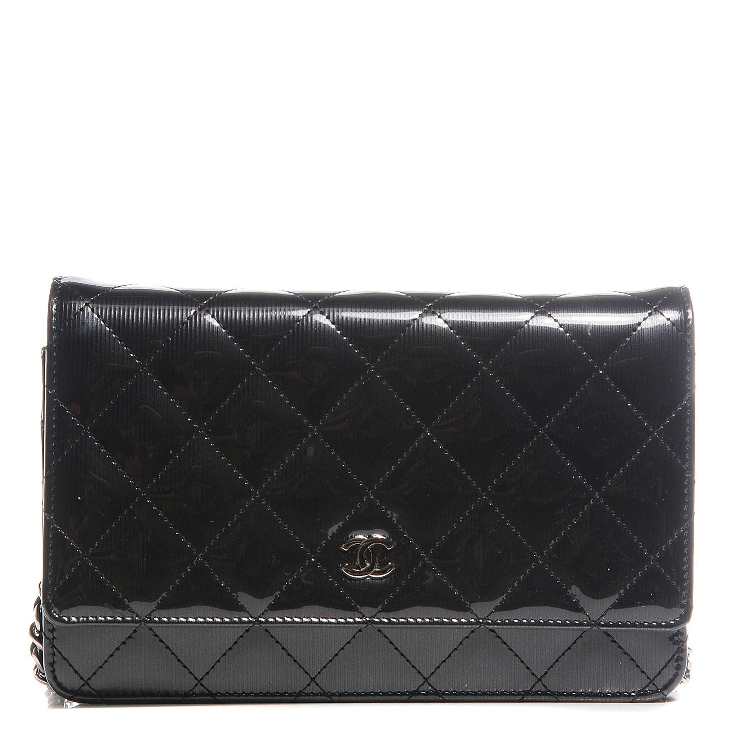 Chanel Striated Patent Quilted Wallet on Chain WOC Black 1 of 8