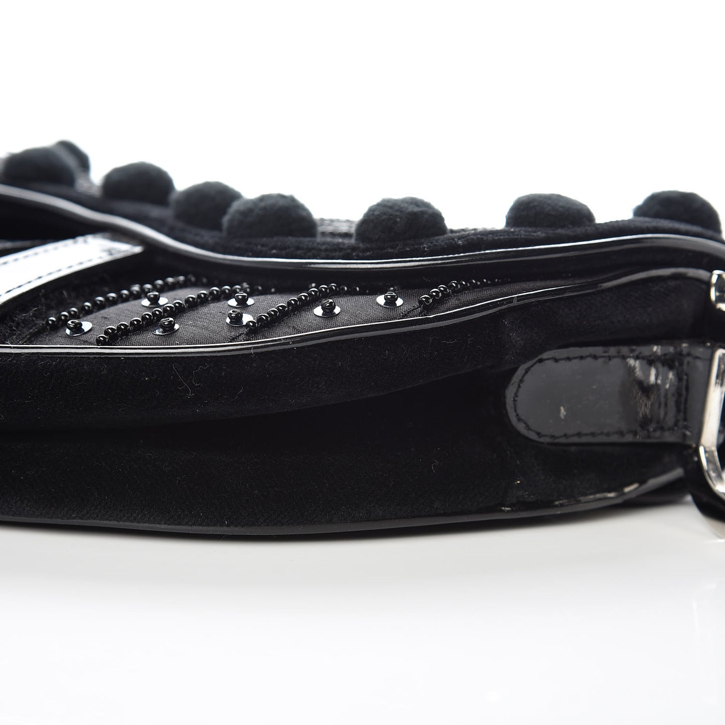 Velvet Nylon Pom Pom Saddle Bag Black