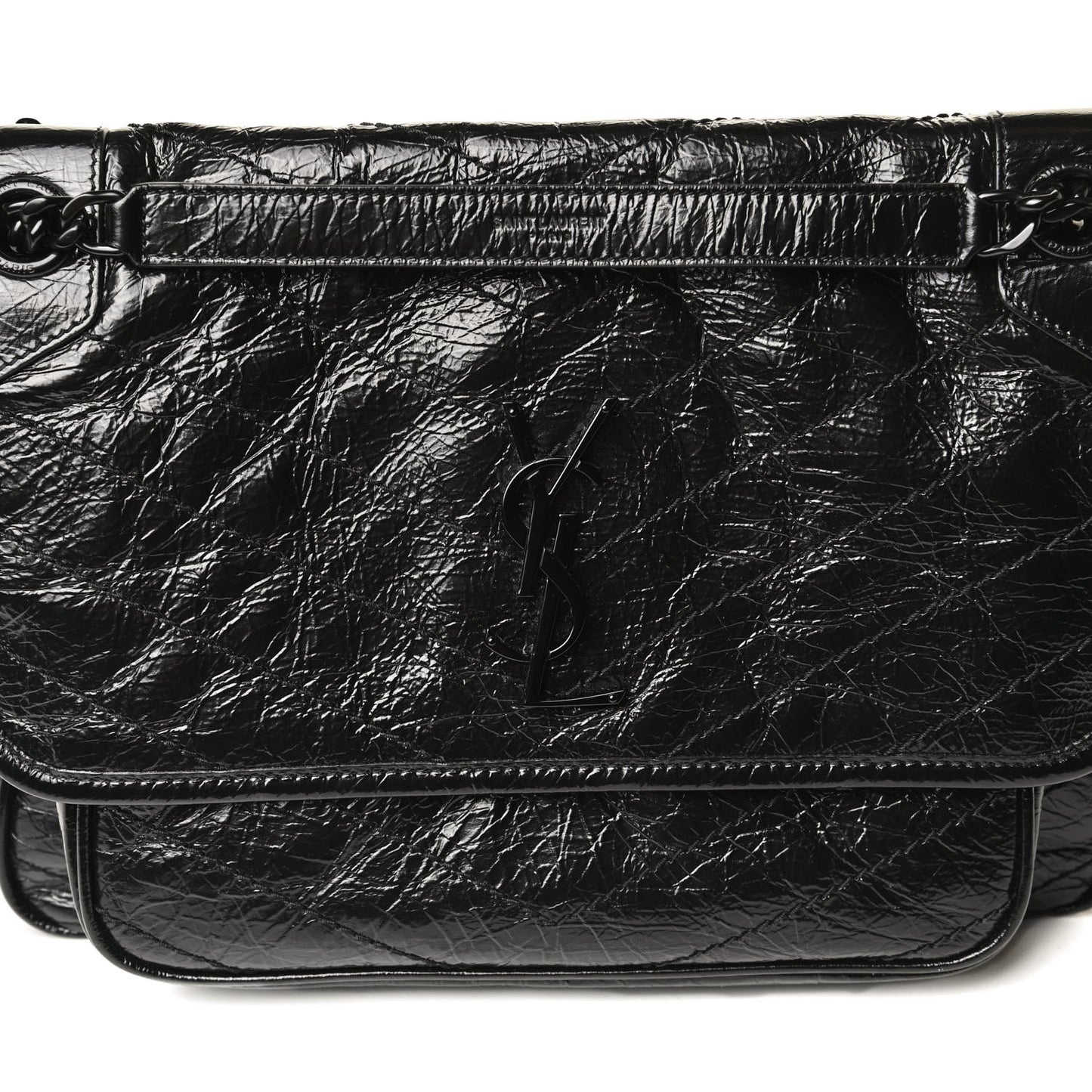 Crinkled Calfskin Matelasse Monogram Medium Niki Chain Satchel Black