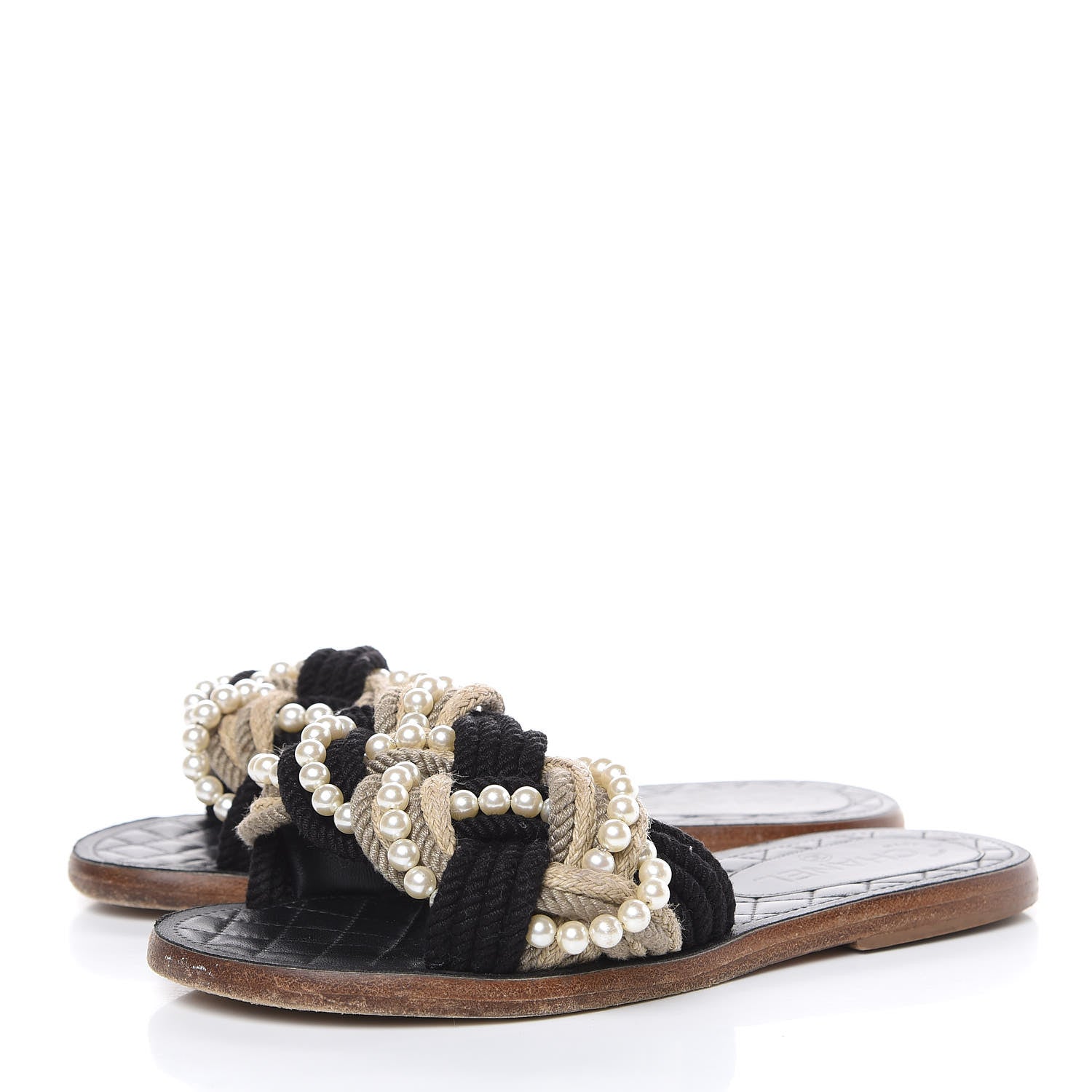 Chanel Lambskin Pearl Cord CC Mules 38 Black Beige 3 of 9