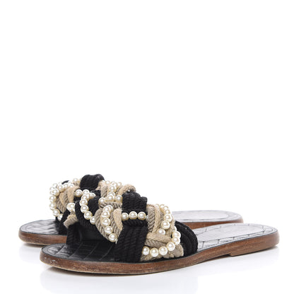 Chanel Lambskin Pearl Cord CC Mules 38 Black Beige 3 of 9