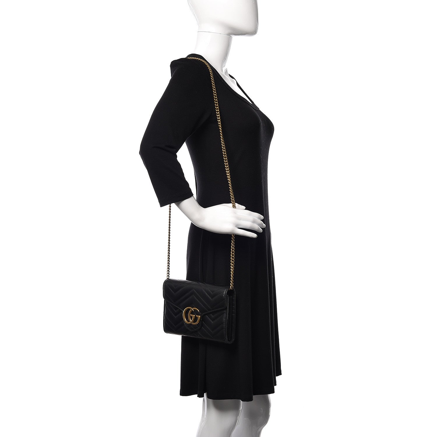 Gucci Calfskin Matelasse GG Marmont Chain Wallet Black 2 of 10