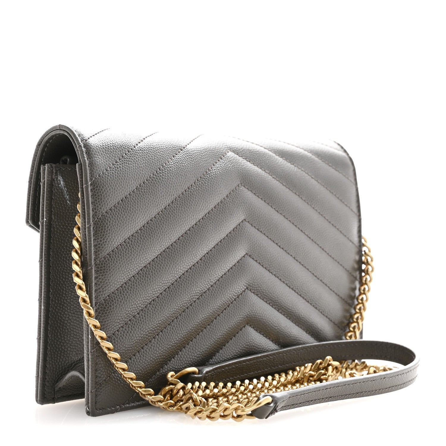 Saint Laurent Grain De Poudre Matelasse Chevron Monogram Envelope Chain Wallet Pebble 3 of 13