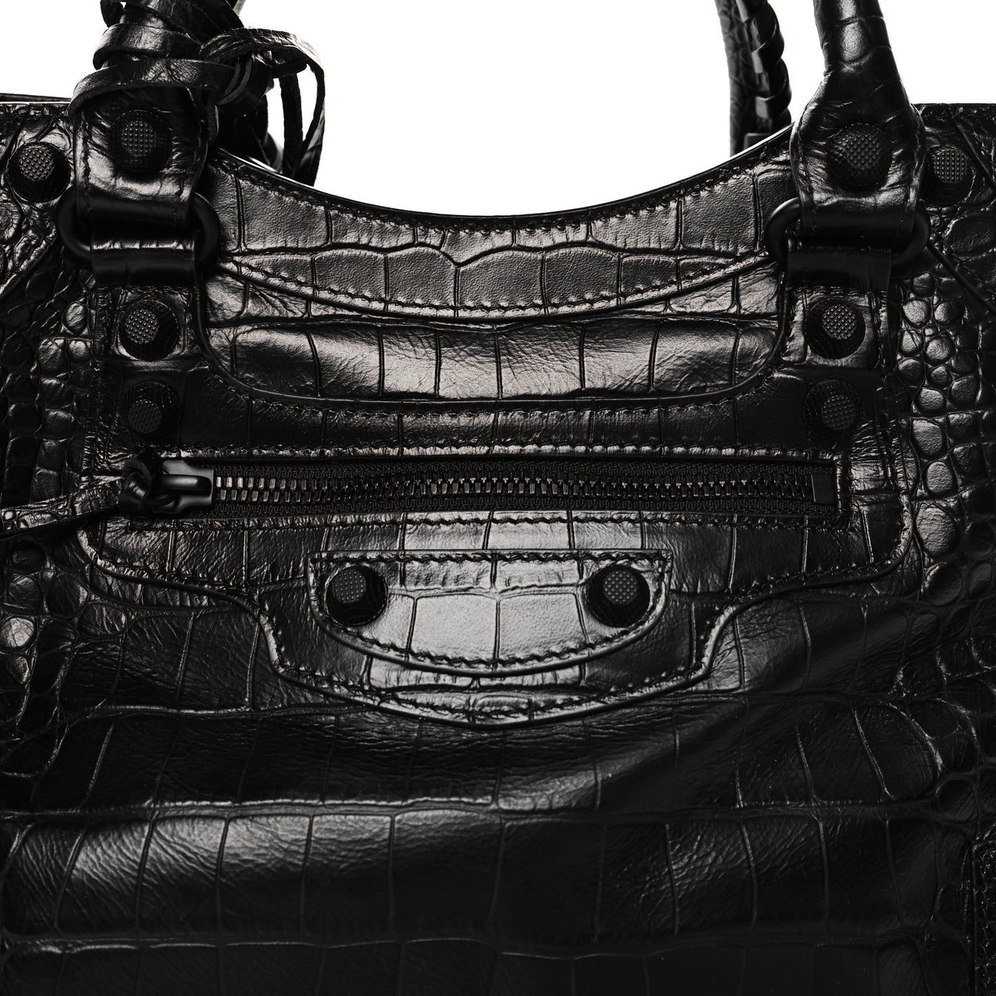 Semi Shiny Calfskin Crocodile Embossed Neo Cagole Black Hardware City Handbag Black