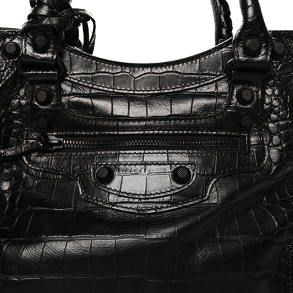 Balenciaga Semi Shiny Calfskin Crocodile Embossed Neo Cagole Black Hardware City Handbag Black 9 of 11