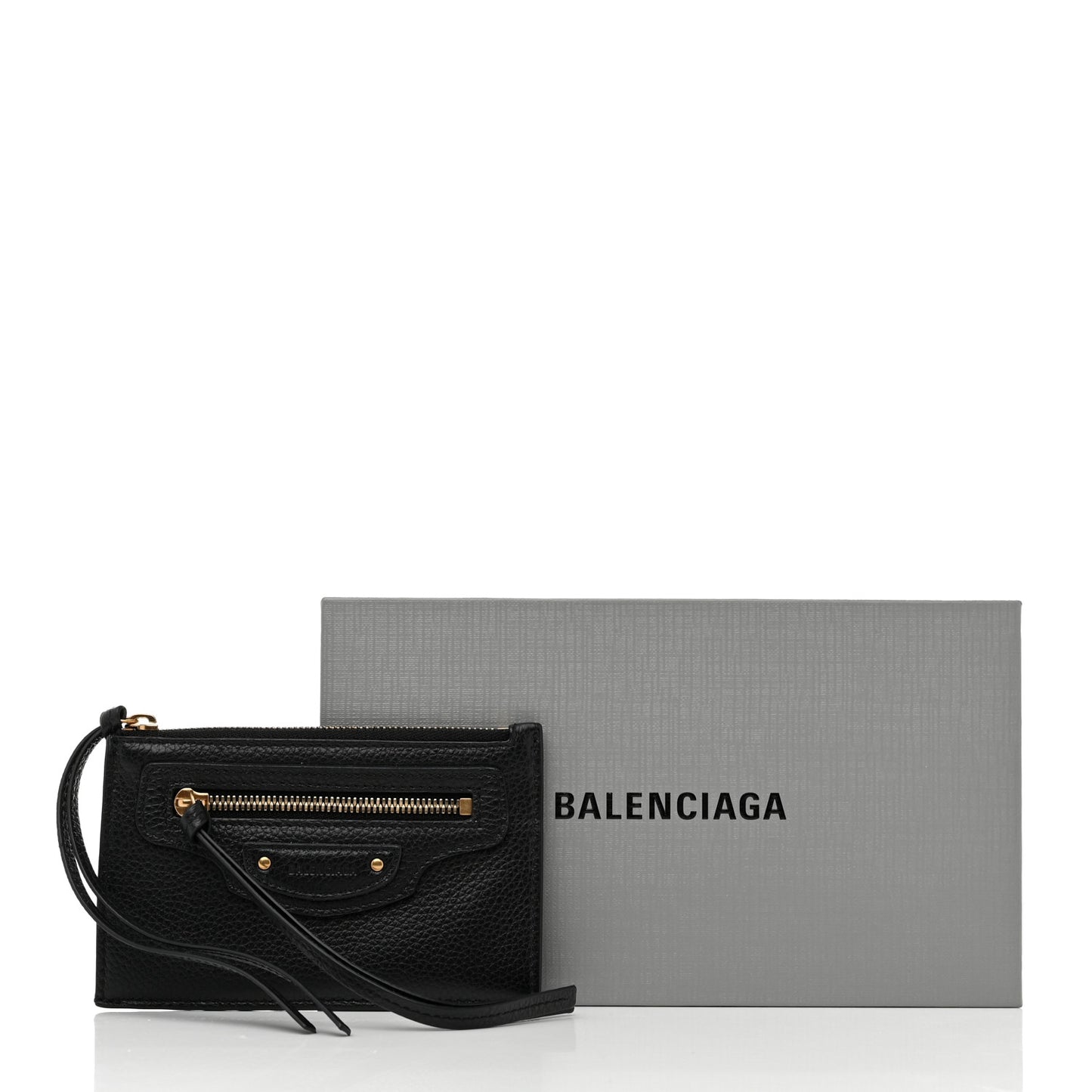 Grained Calfskin Neo Classic Brass Hardware Long Coin Case Card Holder Black