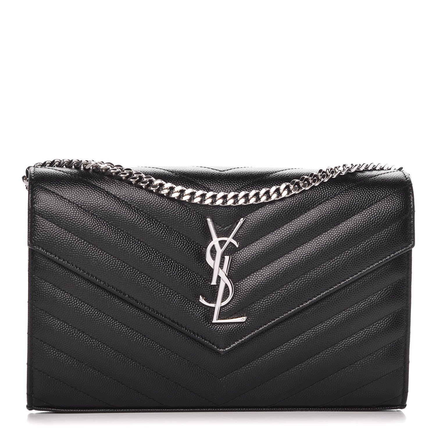 Saint Laurent Grain De Poudre Matelasse Chevron Monogram Chain Wallet Black 1 of 8