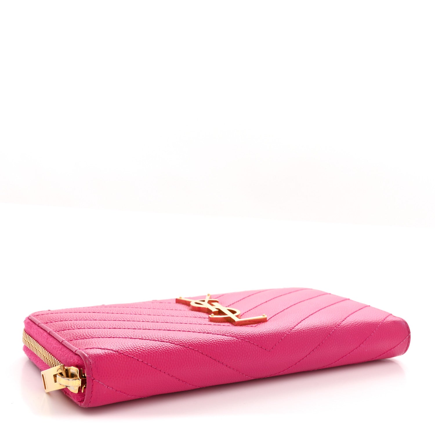 Saint Laurent Grain De Poudre Matelasse Chevron Monogram Zip Around Wallet Fuchsia 4 of 8