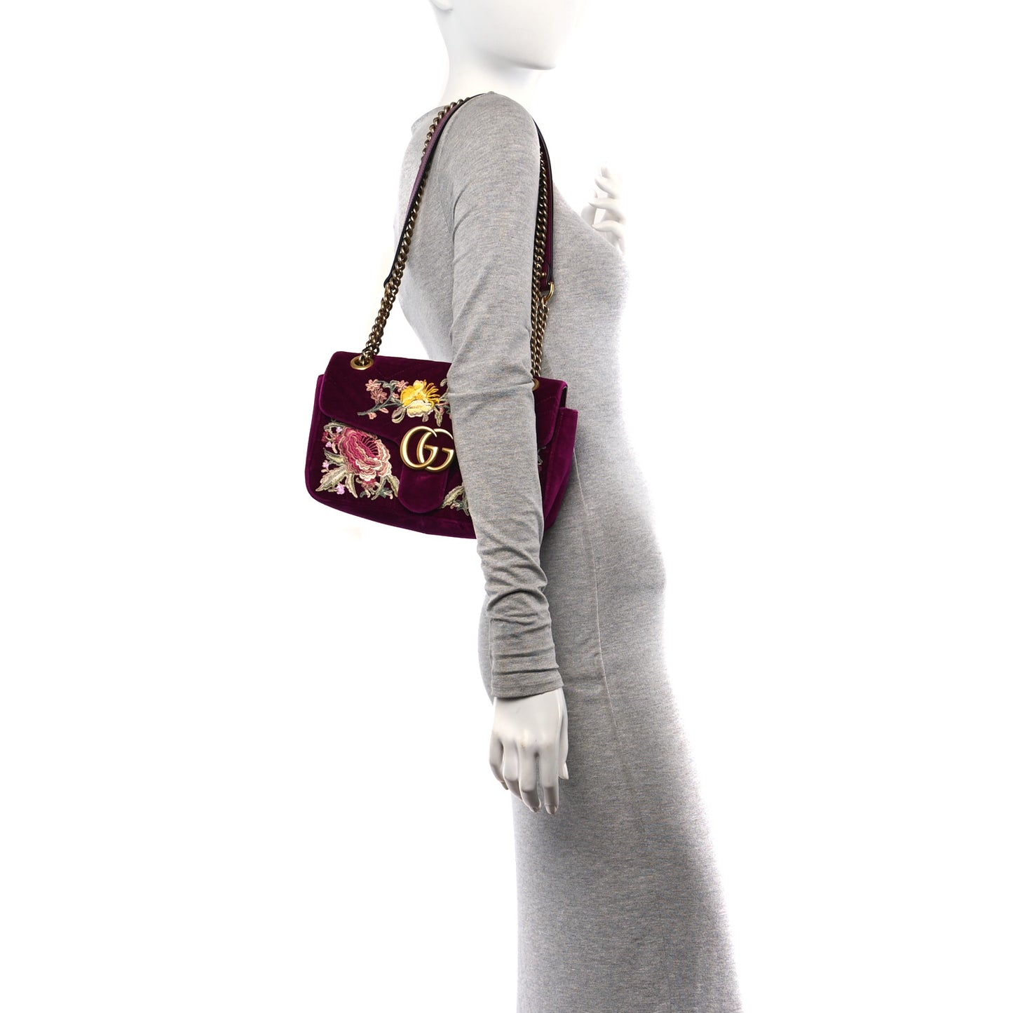 Velvet Matelasse Embroidered Small GG Marmont Shoulder Bag Fuchsia Violet Cyclamen