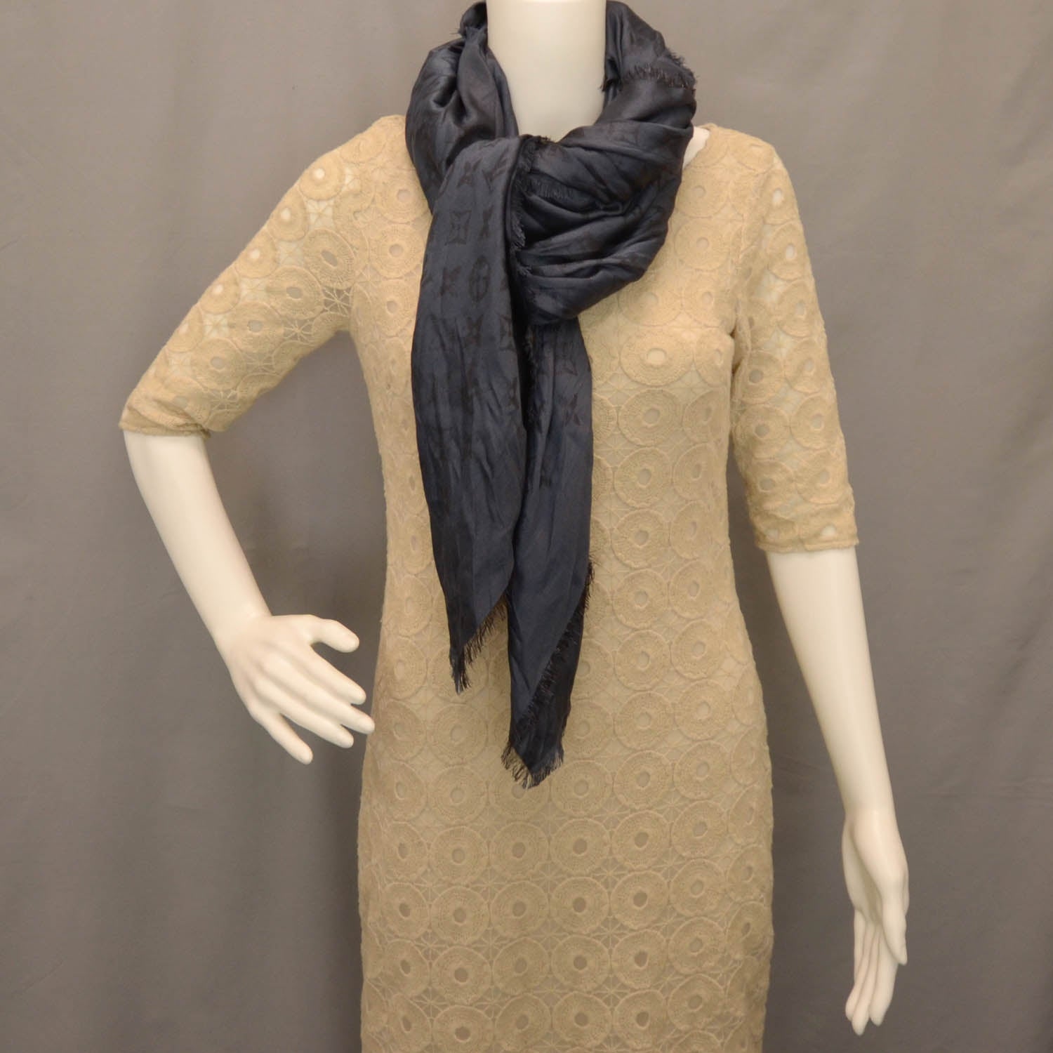 Louis Vuitton Silk Wool Monogram Voile Shawl Anthracite 4 of 5