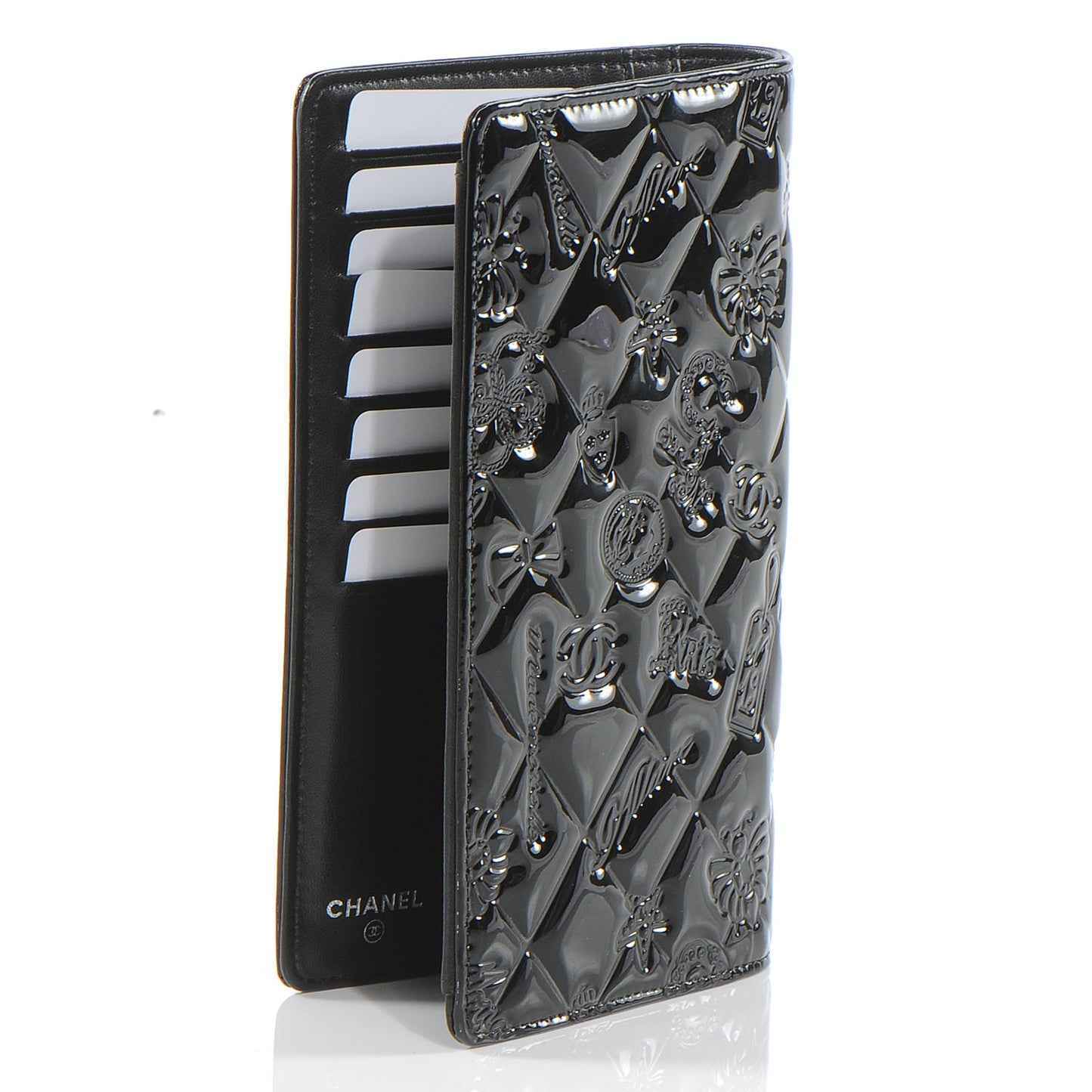 Patent Calfskin Lucky Symbols Yen Wallet Black