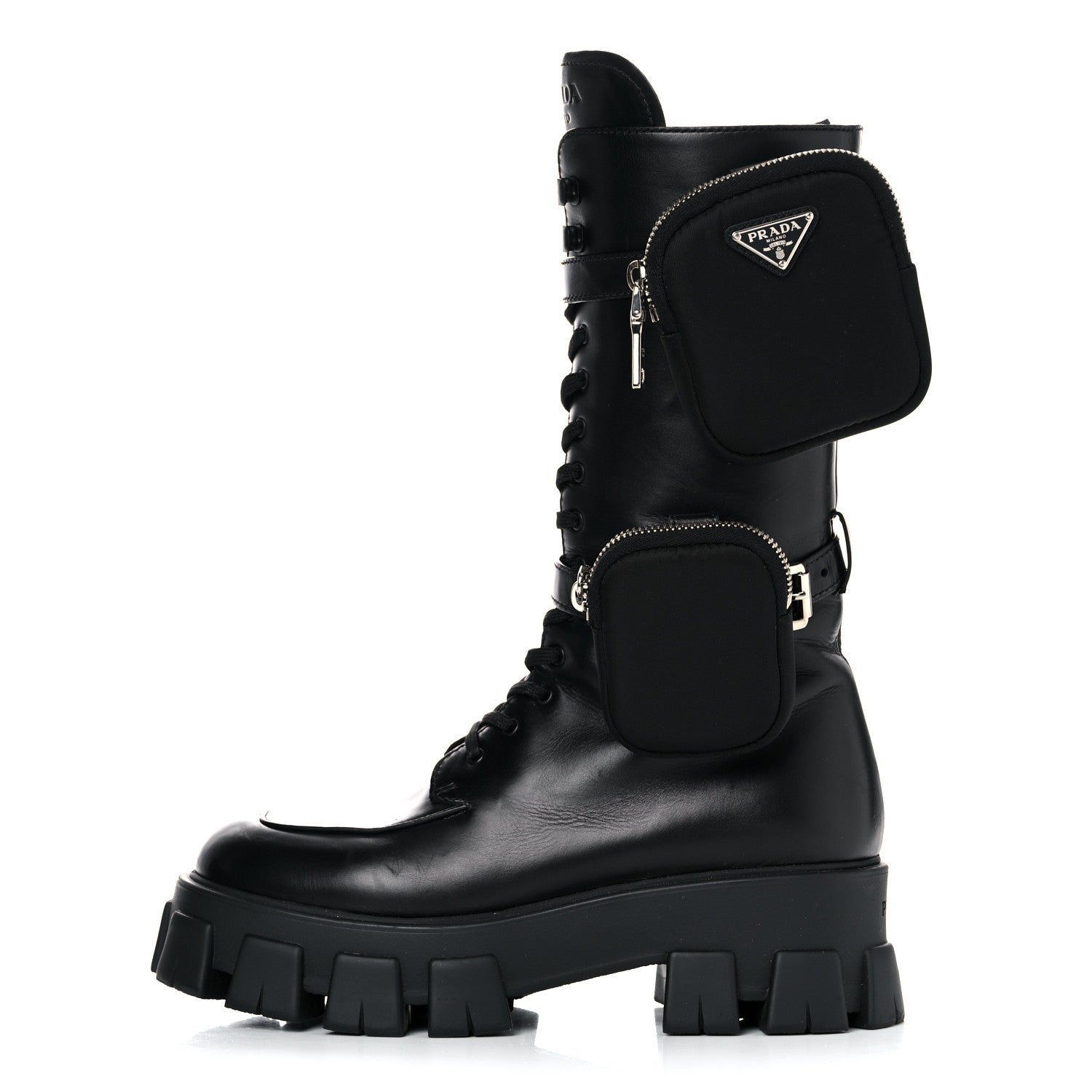 Prada Vitello Lux Nylon Metal Triangle Logo Monolith Pouch Pocket 55mm Tall Combat Boots 39.5 Black 1 of 12