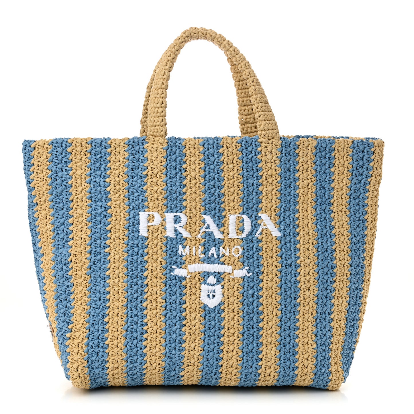 Yarn Raffia Effect Crochet Striped Large Logo Tote Naturale Celeste